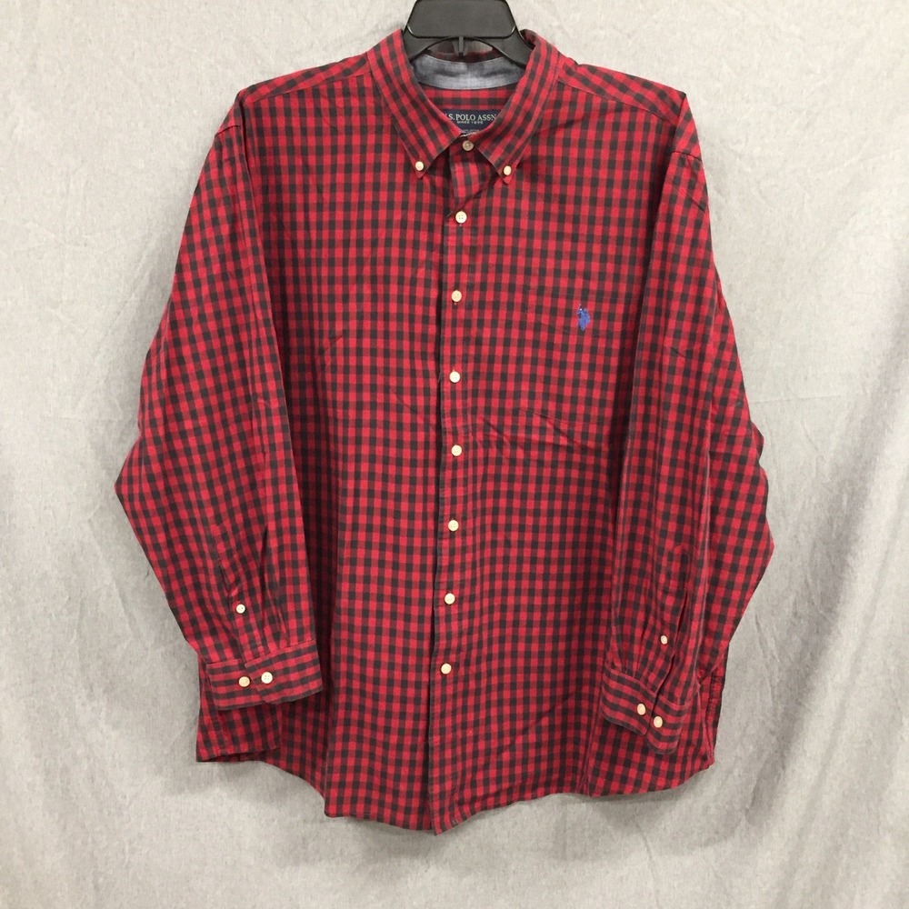 US‎ Polo Assn Mens 3XL Red Black Buffalo Check Button Down Shirt Long Sleeve